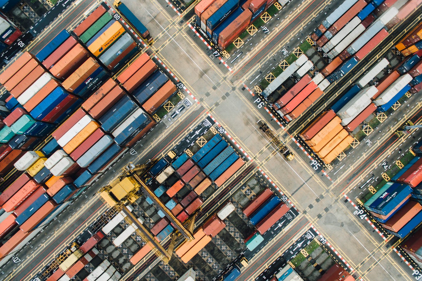 Aerial view of shipping containers at an international cargo port